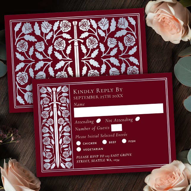 Silver Red Mediaeval Sword Wedding RSVP Card (Creator Uploaded)