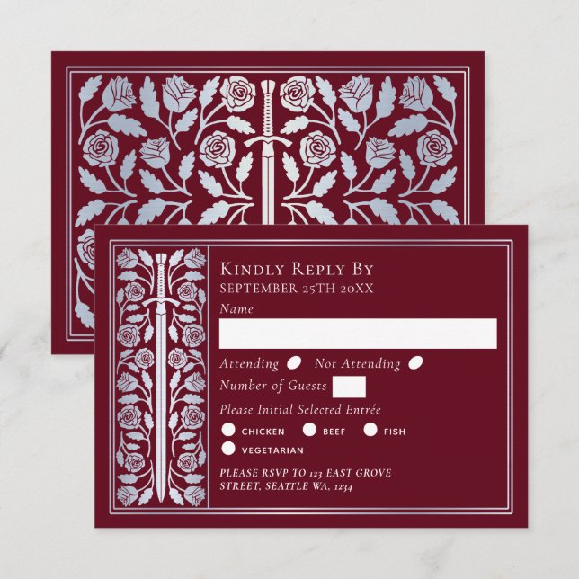 Silver Red Mediaeval Sword Wedding RSVP Card (Front/Back)