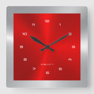 Silver & Red & Metallic Stainless Steel Square Square Wall Clock
