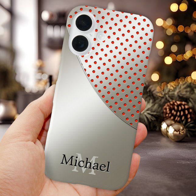 Silver Red Name Monogram Metallic (Modern Christmas phone case featuring a silver and red metallic design with your monogram and name)