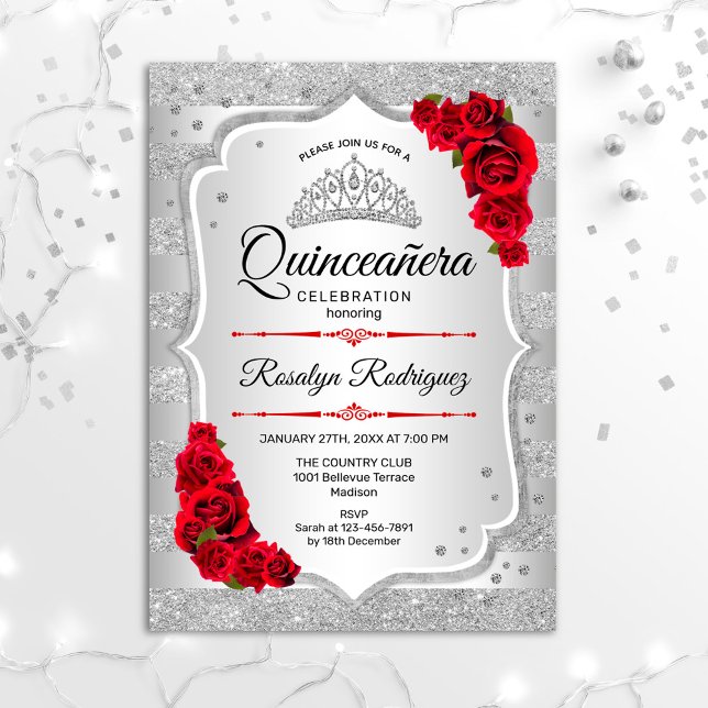 Silver Red Quinceanera Invitation (Creator Uploaded)