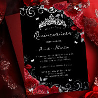 Silver Red Rose Floral Swirl Quinceanera