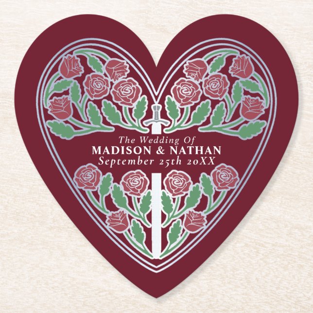 Silver Red Royal Mediaeval Floral Sword Wedding Paper Coaster (Front)