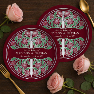 Silver Red Royal Mediaeval Floral Sword Wedding Paper Plate