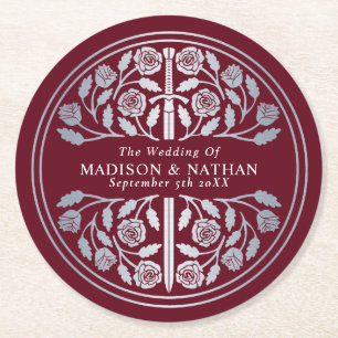 Silver Red Royal Mediaeval Sword Wedding Round Paper Coaster