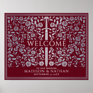 Silver Red Royal Mediaeval Sword Wedding Welcome Poster