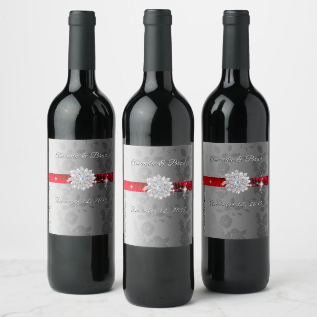  Silver Red Satin Diamond Christmas Wedding Wine  Label (Bottles)