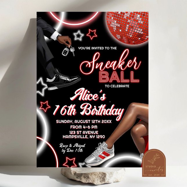 Silver Red Sneaker Ball and Disco Ball Birthday Invitation (Creator Uploaded)