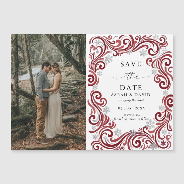 Silver Red Snowflake Winter Photo Save the Date (Front)