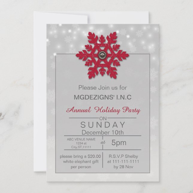 silver red snowflakes Holiday party Invitation (Front)