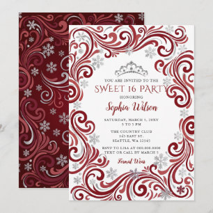 Silver Red Snowflakes Tiara Sweet 16 Invitation