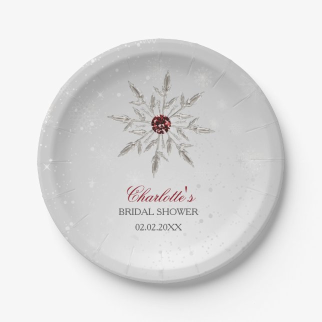 Silver Red Snowflakes Winter Bridal Shower Paper Plate (Front)