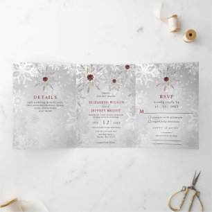 Silver Red Snowflakes Winter Christmas Wedding Tri-Fold Invitation