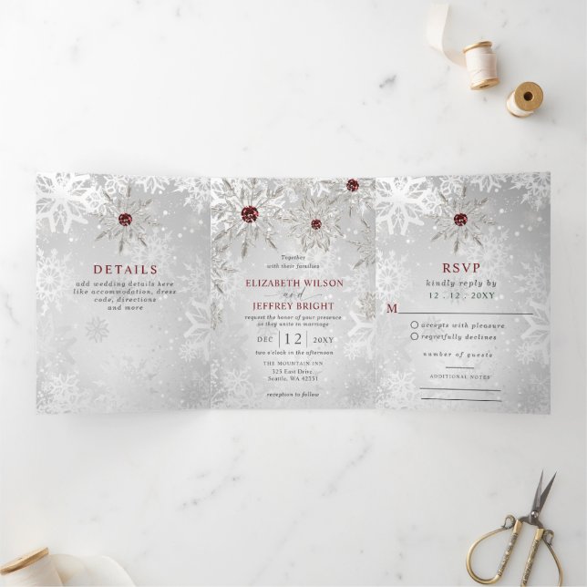 Silver Red Snowflakes Winter Christmas Wedding Tri-Fold Invitation (Inside)