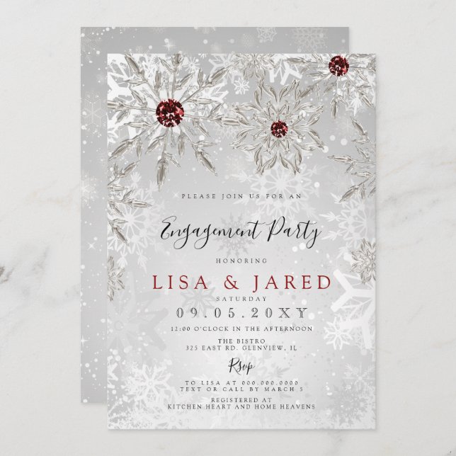 Silver Red Snowflakes Winter Engagement Party  Invitation (Front/Back)