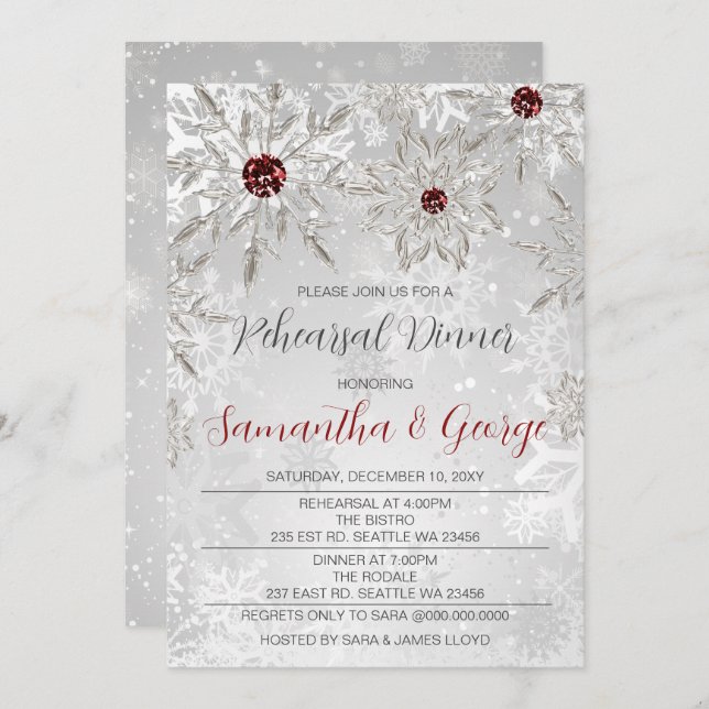 Silver Red Snowflakes Winter Rehearsal Dinner  Invitation (Front/Back)
