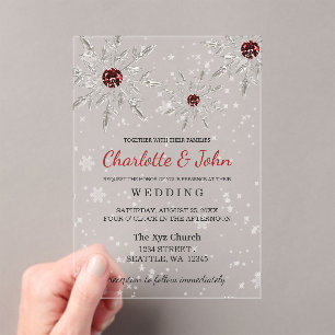 Silver Red snowflakes Winter Wedding Acrylic Invitations