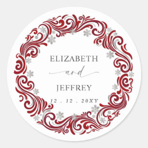 Silver Red Snowflakes Winter Wedding Classic Round Sticker