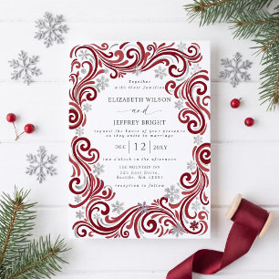 Silver Red Snowflakes Winter Wedding Invitation