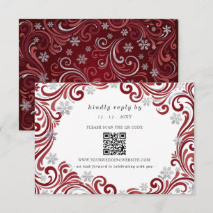 Silver Red Snowflakes Winter Wedding QR Code RSVP Card