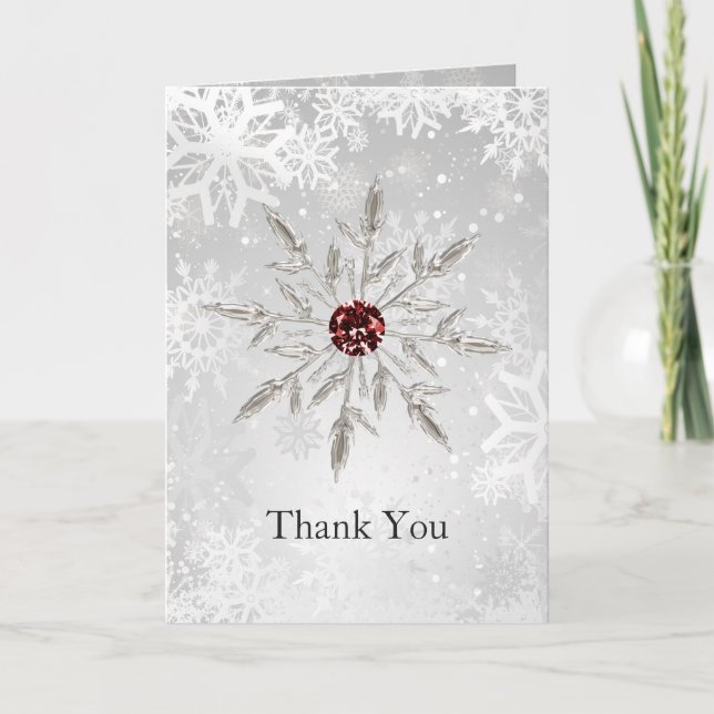 silver red snowflakes winter wedding Thank You (Front)
