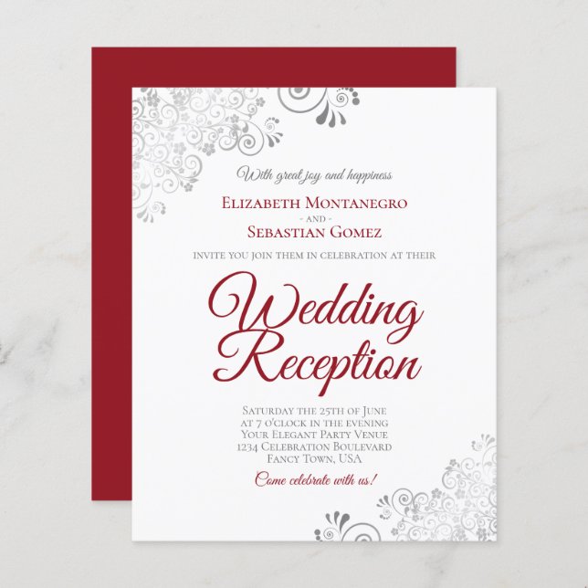 Silver Red & White Wedding Reception BUDGET Invite (Front/Back)
