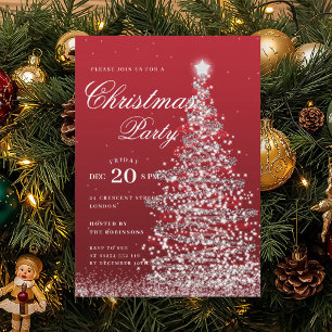 Silver Red Winter Christmas Tree Holiday Party Invitation