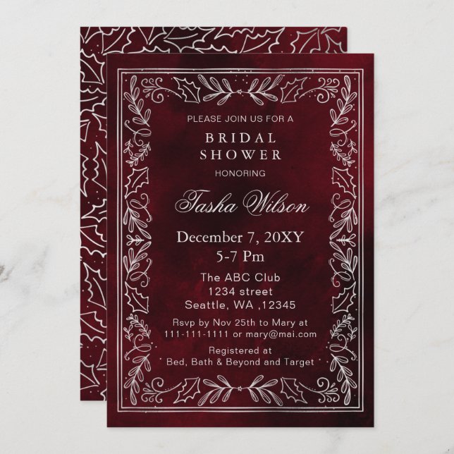 Silver Red Winter Foliage Holiday Bridal Shower  Invitation (Front/Back)