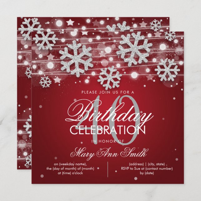 Silver Red Winter Glitter Glam 40th Birthday Invitation (Front/Back)