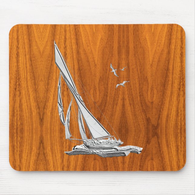 Silver Regatta Sailboat on Teak Veneer Mouse Pad (Front)
