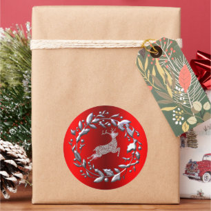 Silver Reindeer and Wreath Red Christmas Classic Round Sticker