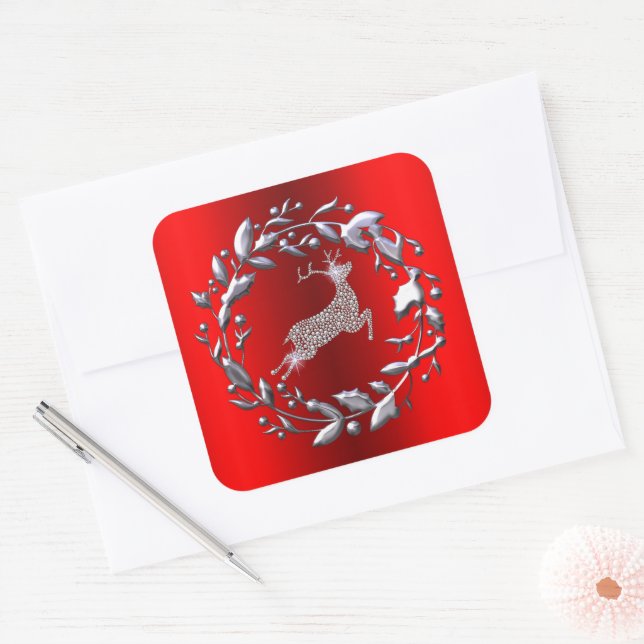 Silver Reindeer and Wreath Red Christmas Square Sticker (Envelope)