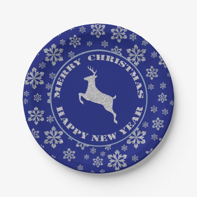 Silver Reindeer Blue Snowflake Paper Plate (Front)