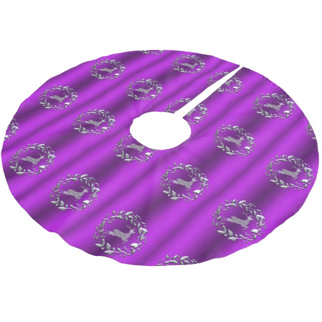 Silver Reindeer on Purple Christmas Brushed Polyester Tree Skirt (Angled)