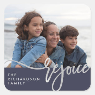 Silver Rejoice Modern Typography with Photo Square Sticker