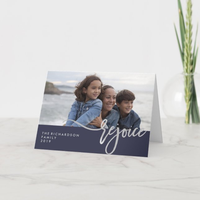 Silver Rejoice | Your Photo on Midnight Blue Holiday Card (Front)