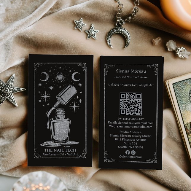 Silver Retro Celestial Tarot Nail artist QR Code Business Card (Silver Retro Celestial Tarot Nail artist QR Code Business Card)