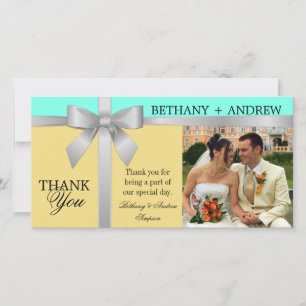 Silver Ribbon Aqua Yellow Wedding Thank You Card