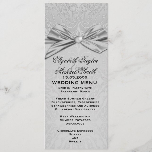 Silver Ribbon Elegant Damask Wedding Menu (Front)