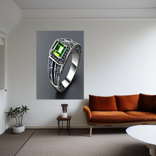 Silver ring, green and blue gemstone AI Art Poster