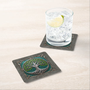 Silver Roots of Eternity – Tree of Life. Square Paper Coaster