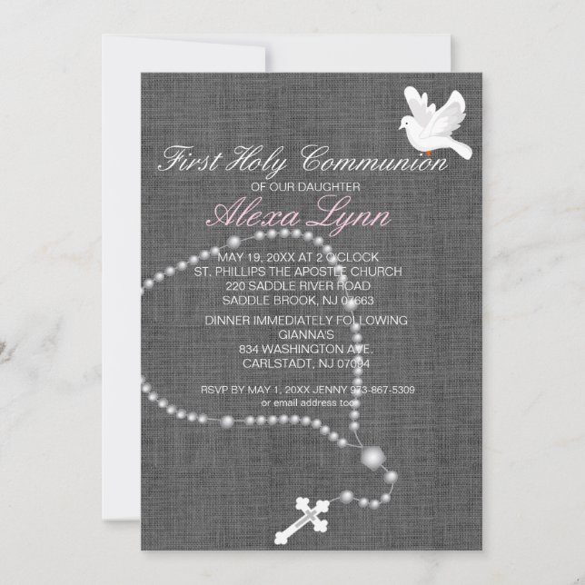 Silver Rosary Bead First Holy Communion Invitation (Front)