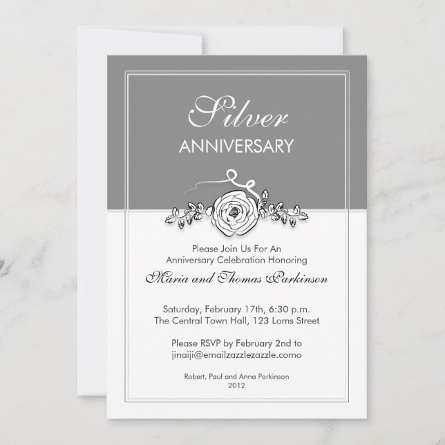 silver rose 25th wedding anniversary invitation (Front)