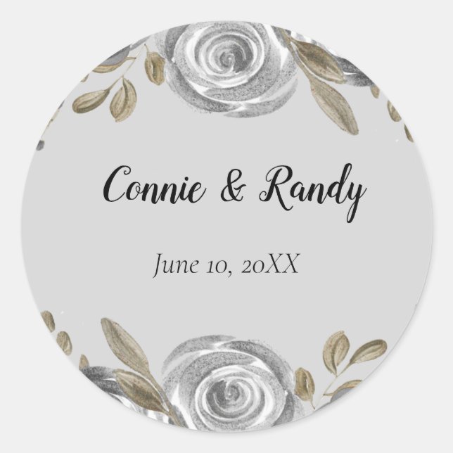 Silver Rose and Sage Leaf Wedding Sticker (Front)
