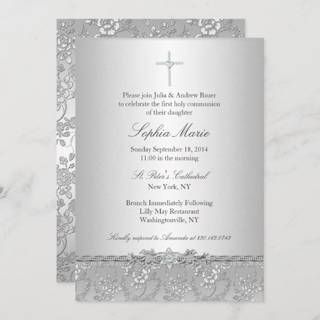 Silver Rose Cross Baptism/Christening Invitation (Front/Back)