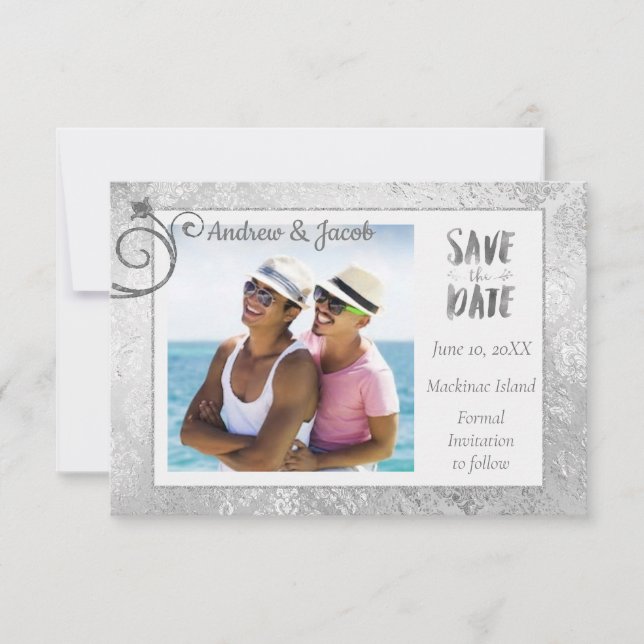 Silver Rose Gay Photo Save the Date (Front)