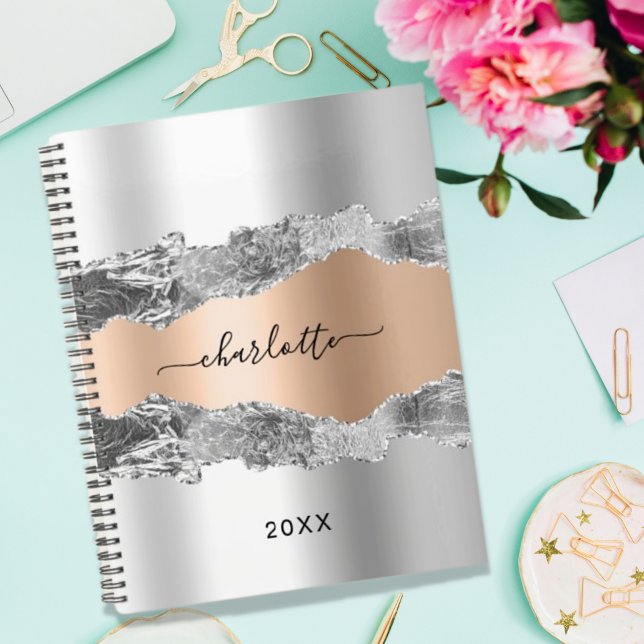 Silver rose gold agate marble name script 2022 planner (Creator Uploaded)
