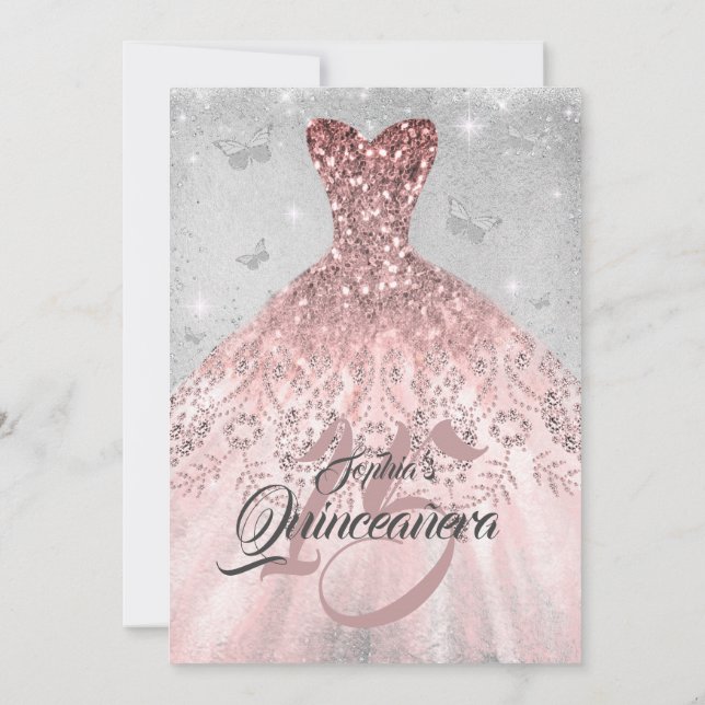 Silver Rose Gold Butterfly Dress Quinceanera Invitation (Back)