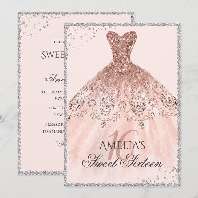 Silver Rose Gold Dress Sparkle 16th Sweet Sixteen Invitation (Front/Back)