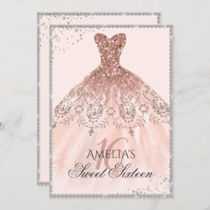 Silver Rose Gold Dress Sparkle 16th Sweet Sixteen Invitation